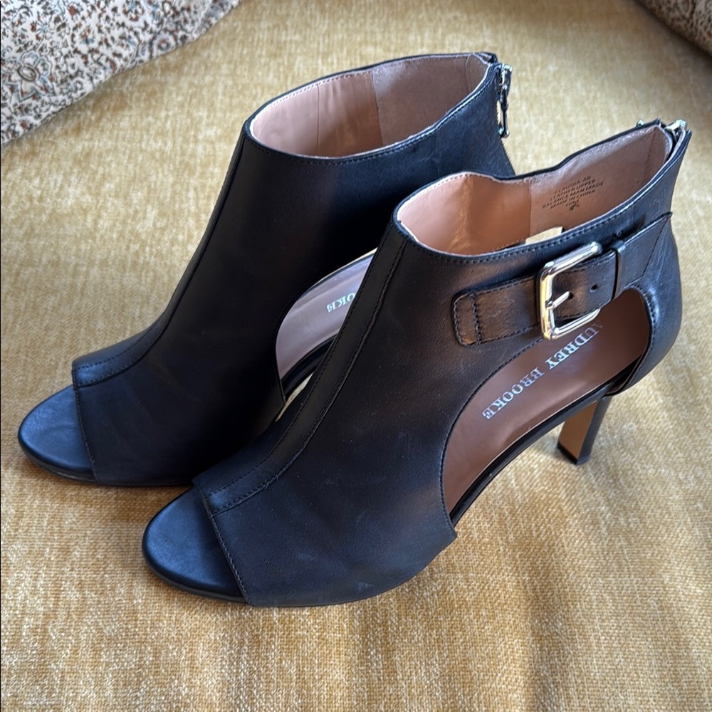 Audrey Brooke Black Leather Peep-Toe Heels with Silver Buckle